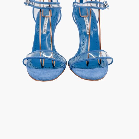 Manolo Blahnik Fersen PVC Sandals Size 40 US 10 Blue Suede High Heels Clear 105 - Picture 7 of 15